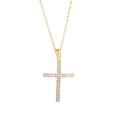 Σταυρός Γυναικείος Χρυσός Κ14 Με Πέτρες Ζιργκόν